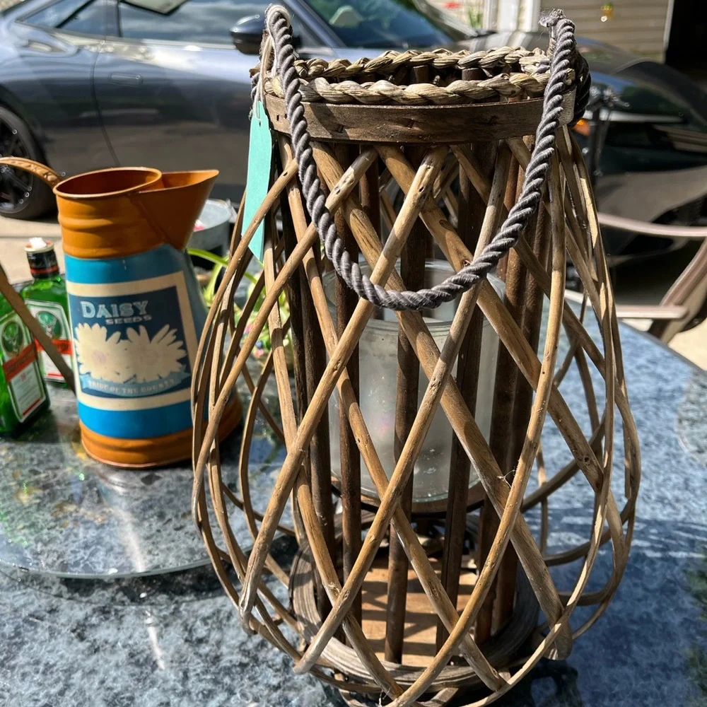 Rustic MCM bamboo rattan wicker lantern with glass candle insert rope handle